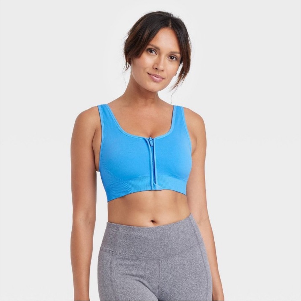 Neon blue medium support all in motion zipper front sports bra